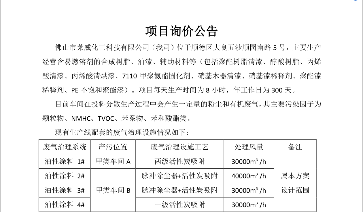 佛山市萊威化工科技有限公司VOCs廢氣處理項目招標(biāo)公告